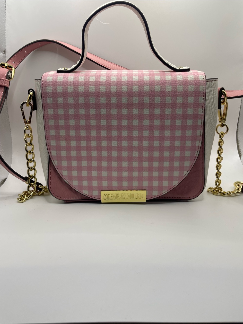 Steve Madden Pink Gingham Crossbody with Gold Chain